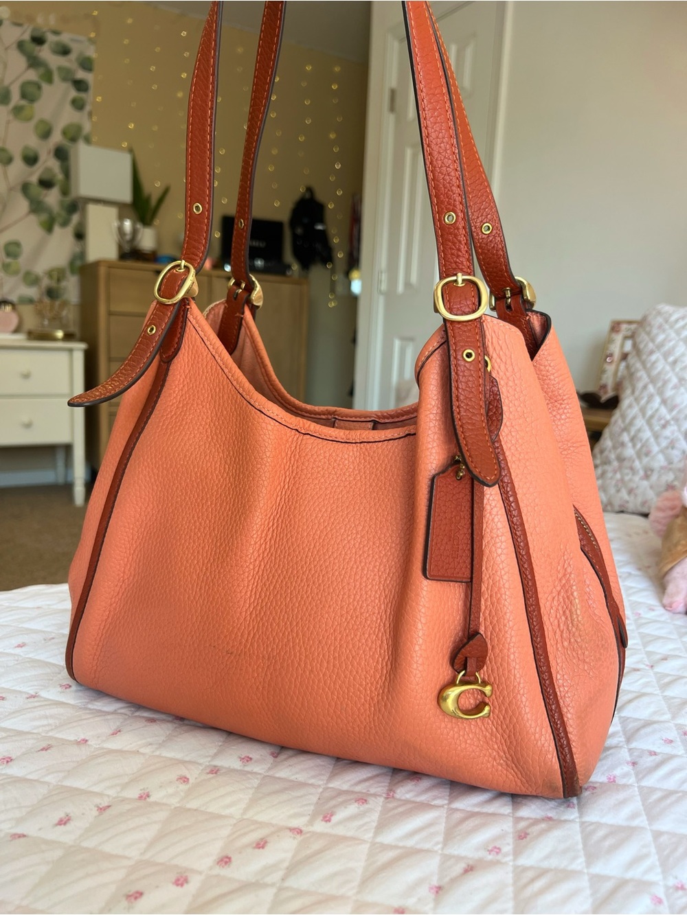 COACH Lori Coral Burnt Orange Colorblock Pebble Leather Vintage Shoulder Bag - Picture 3 of 9